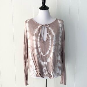 Young Fabulous & Broke Tan Long Sleeve Shirt Sz Small Tie Dye Boho Tie Front